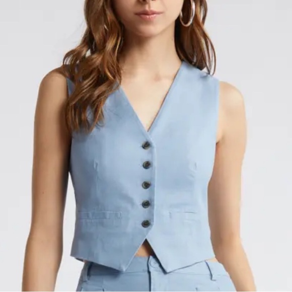 Open Edit Jackets & Blazers - Open Edit Tailored Vest Blue Chambray Size Small
